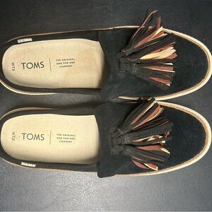 TOMS Black Suede Slip-Ons with Multicolor Tassels